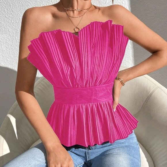 Black Boho Womens Solid Pleated Tube Top - Picture 1 of 5